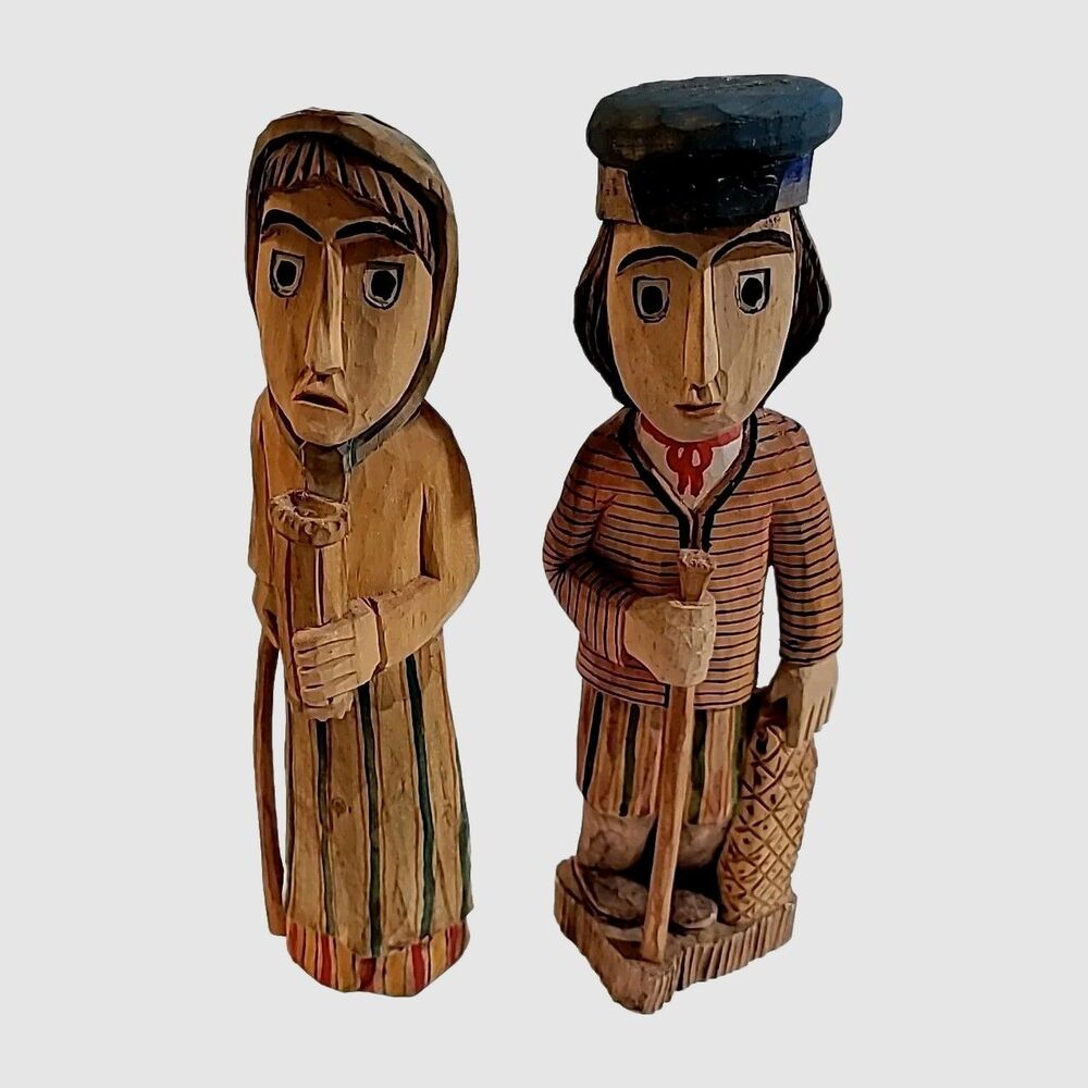 Antoni Kaminski Polish Folk Art 2 Piece Wood Carving Figurines Sculptures